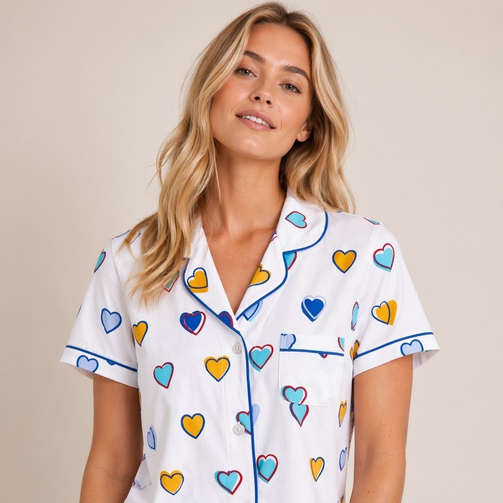 Roller Rabbit Pajama Top Womens L White Hearts Print Pima Cotton Short Sleeve